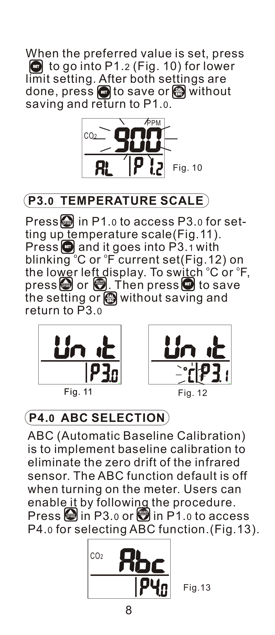 頁面 9, Press in p1, With | Blinking c or f current set(fig.12) on, Temperature scale 8 p4, Abc selection, Or in p1, For selecting abc function.(fig.13) | General Tools and Instruments CDM7722 User Manual | Page 9 / 15