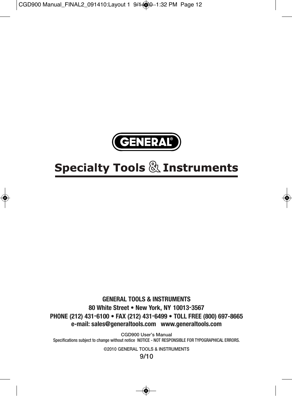 General Tools and Instruments CGD900 User Manual | Page 12 / 12