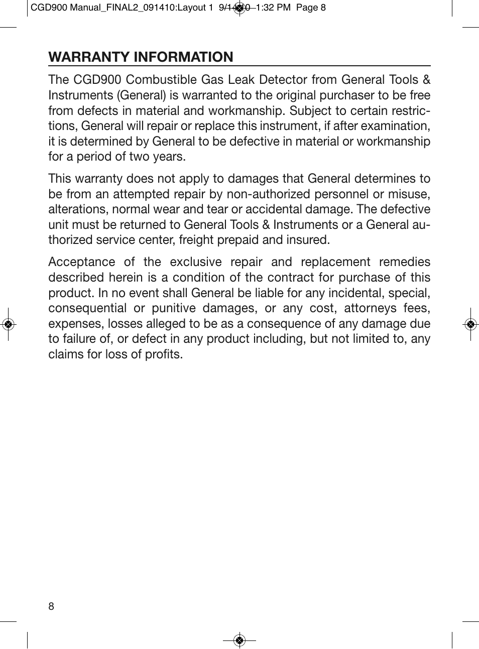 Warranty information | General Tools and Instruments CGD900 User Manual | Page 8 / 12