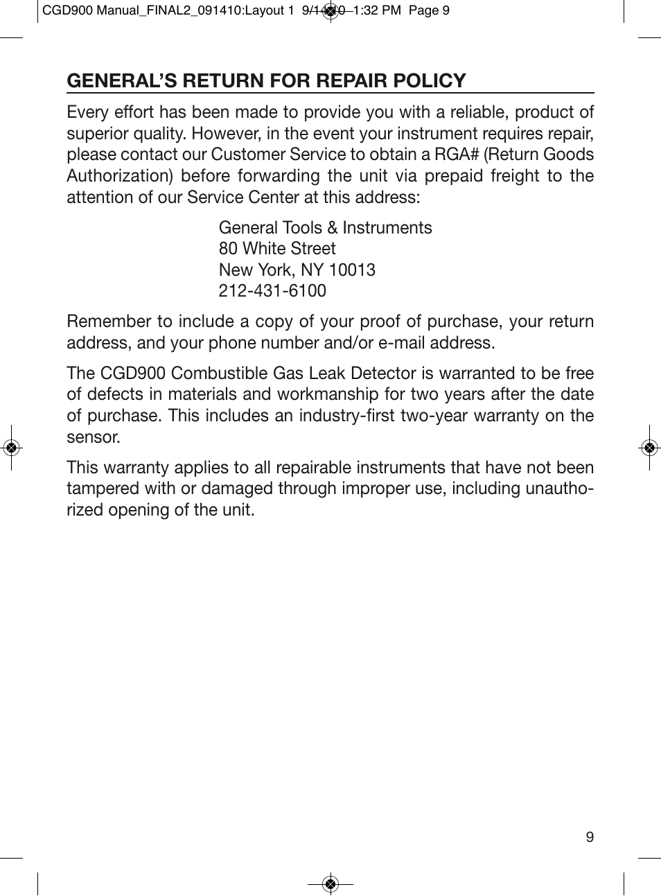 General’s return for repair policy | General Tools and Instruments CGD900 User Manual | Page 9 / 12
