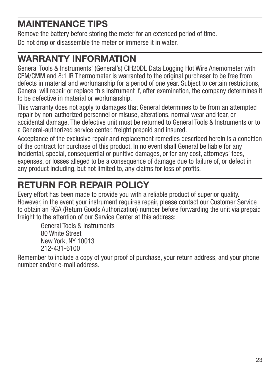 Maintenance tips, Warranty information, Return for repair policy | General Tools and Instruments CIH20DL User Manual | Page 23 / 28