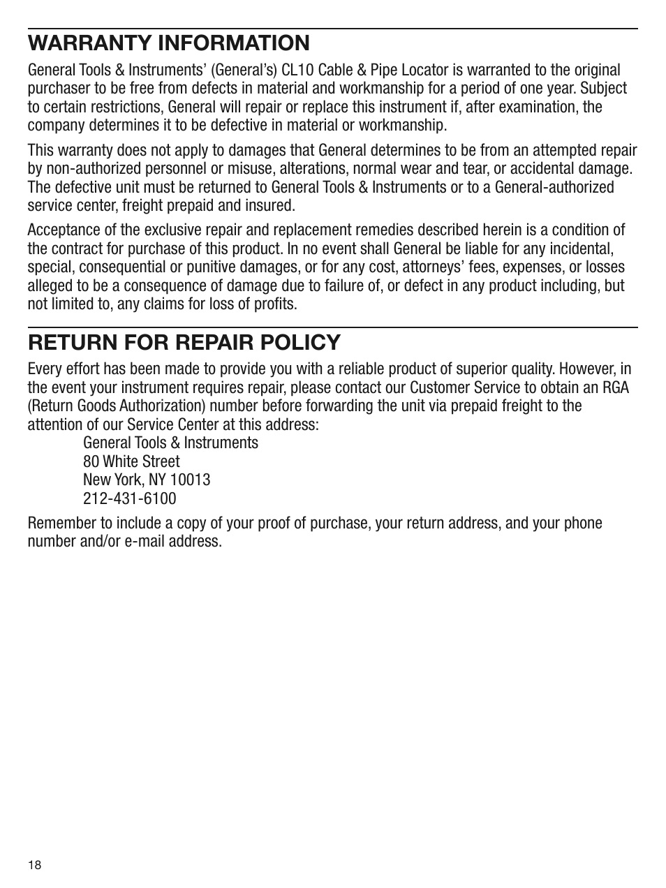 Warranty information, Return for repair policy | General Tools and Instruments CL10 User Manual | Page 18 / 20