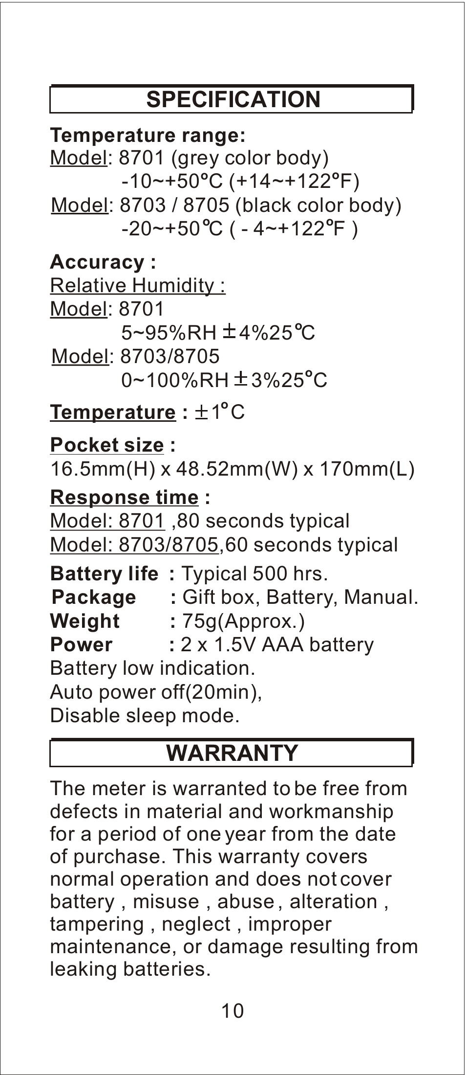 Specification warranty | General Tools and Instruments CMM880 User Manual | Page 11 / 11