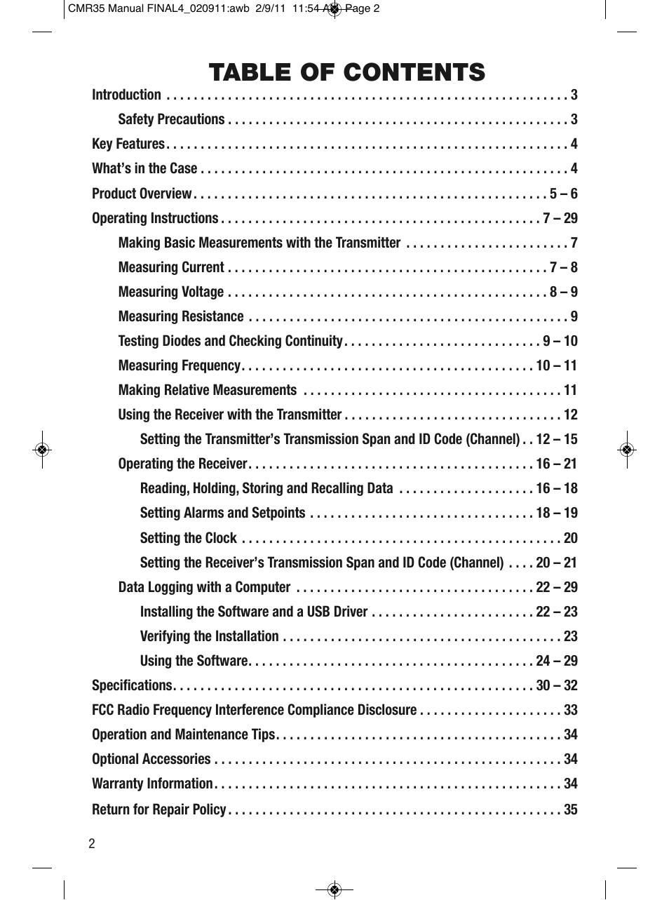 General Tools and Instruments CMR35 User Manual | Page 2 / 36