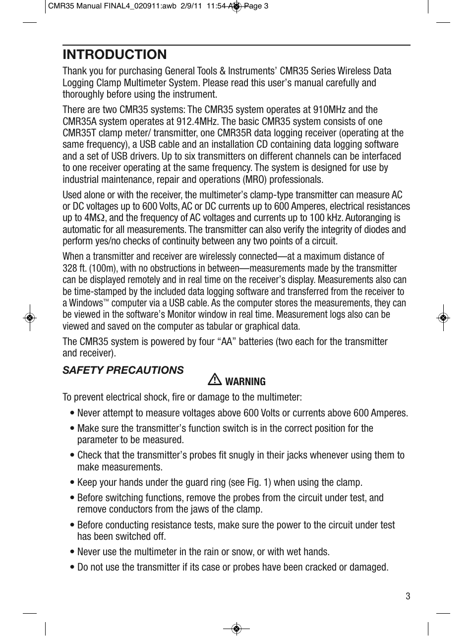 Introduction | General Tools and Instruments CMR35 User Manual | Page 3 / 36