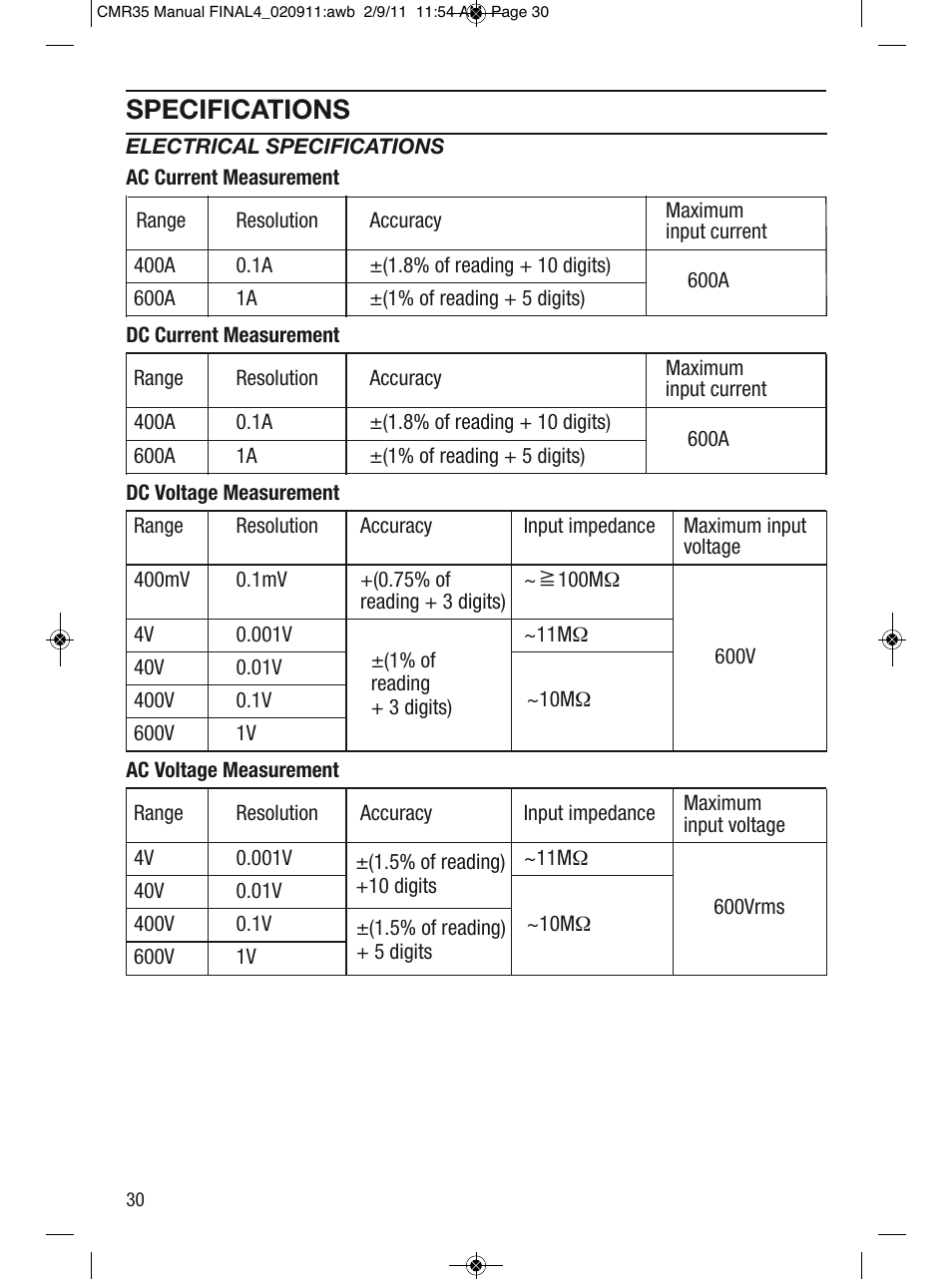 Specifications | General Tools and Instruments CMR35 User Manual | Page 30 / 36