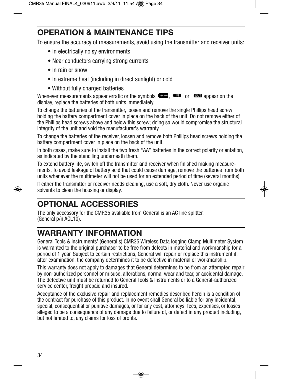 Operation & maintenance tips, Optional accessories, Warranty information | General Tools and Instruments CMR35 User Manual | Page 34 / 36