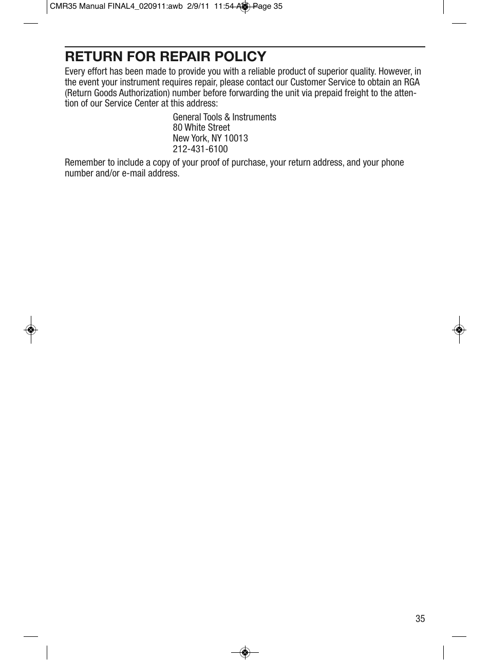 Return for repair policy | General Tools and Instruments CMR35 User Manual | Page 35 / 36