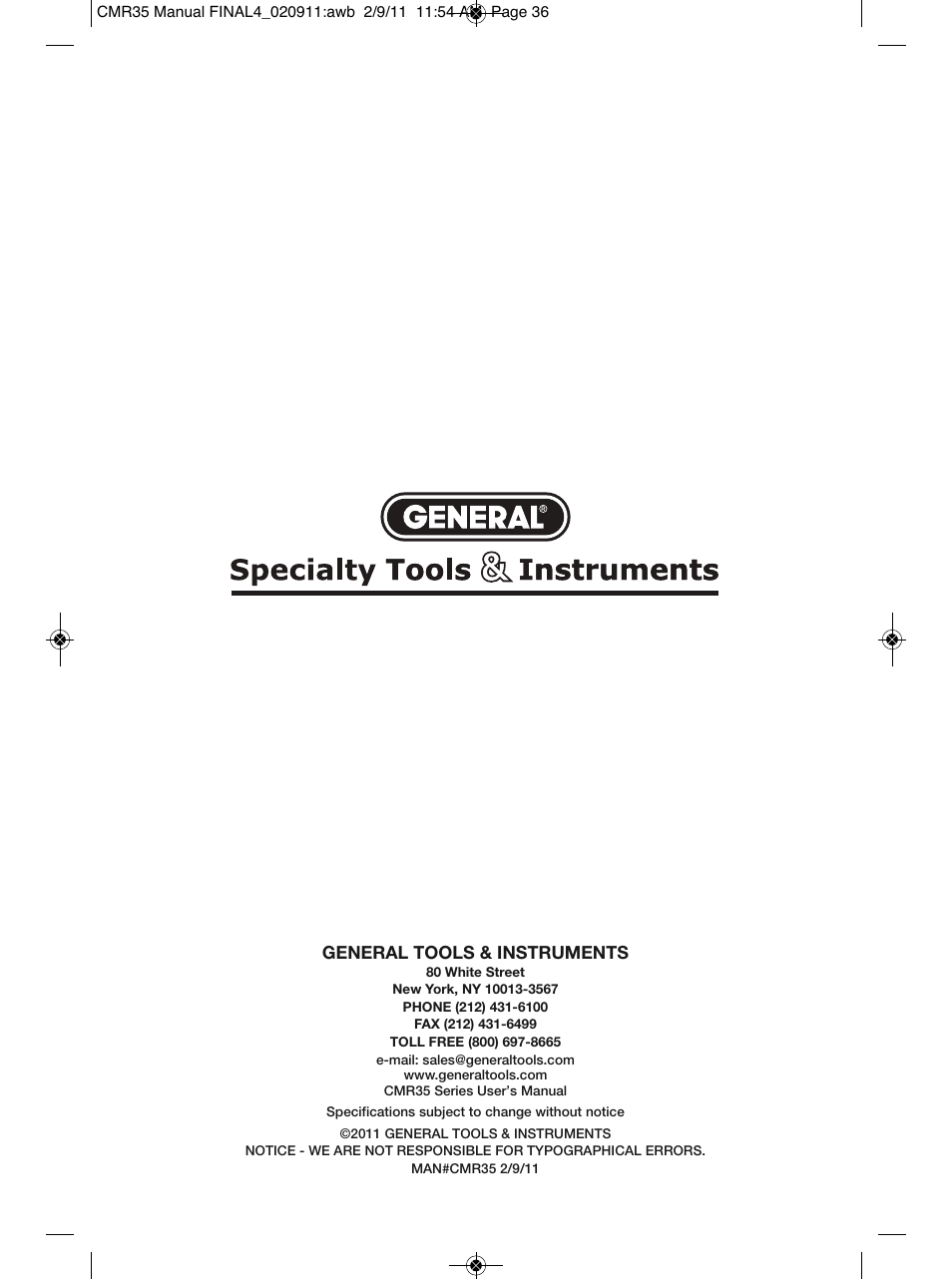 General tools & instruments | General Tools and Instruments CMR35 User Manual | Page 36 / 36