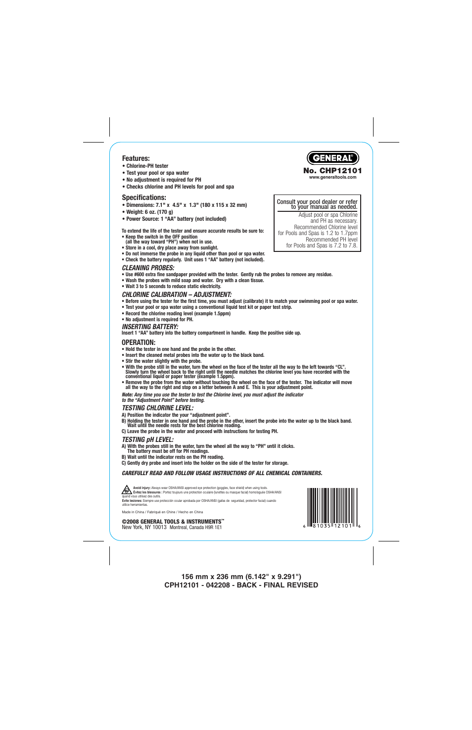 General Tools and Instruments CPH12101 User Manual | 1 page