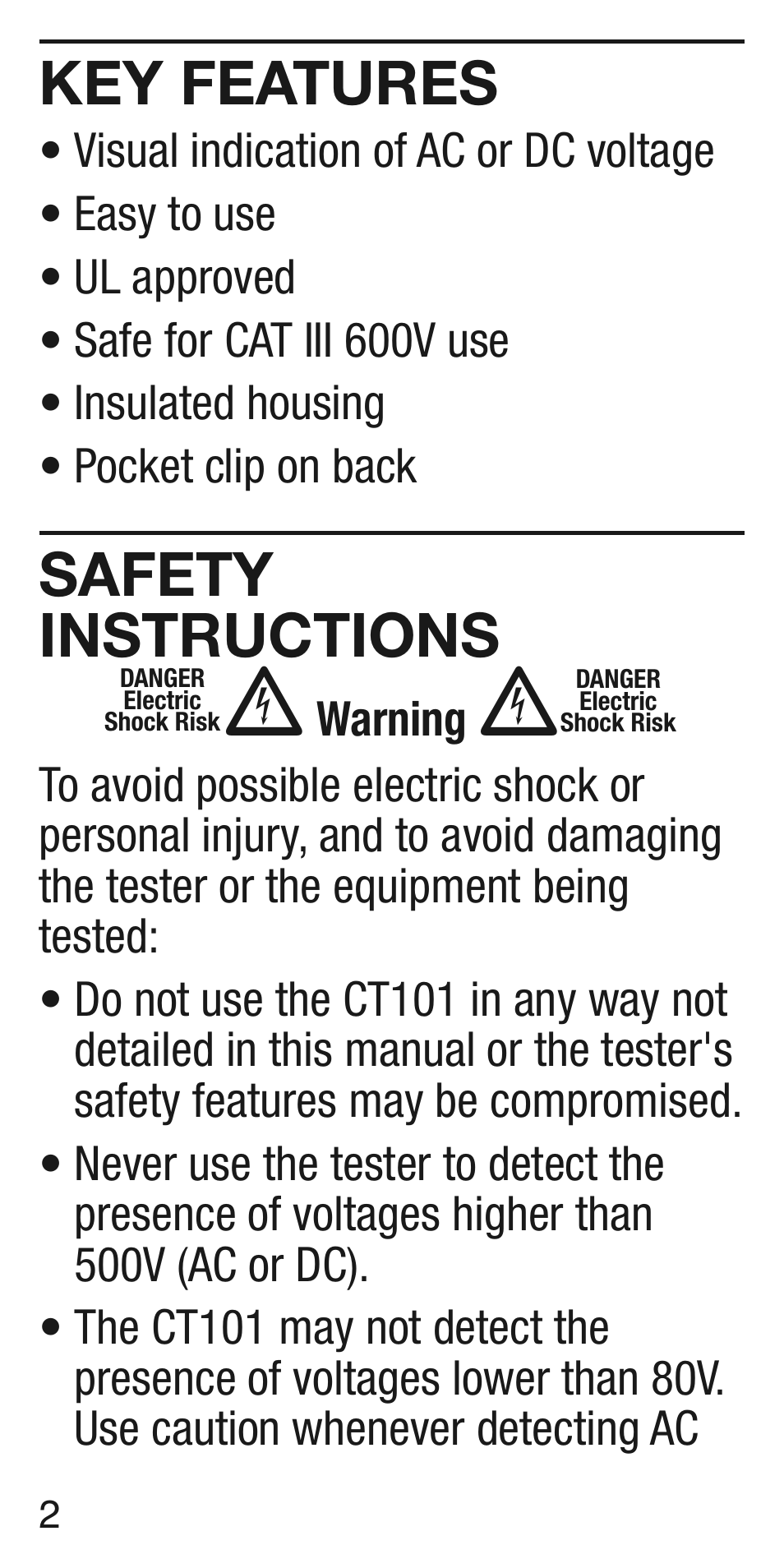 Key features, Safety instructions | General Tools and Instruments CT101 User Manual | Page 2 / 8