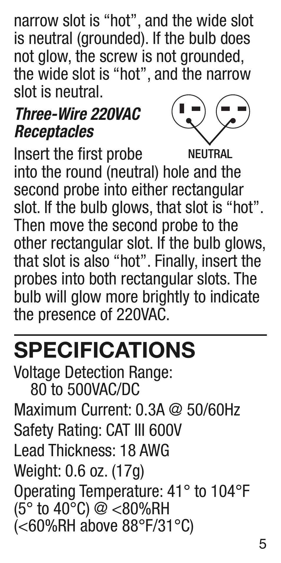 Specifications | General Tools and Instruments CT101 User Manual | Page 5 / 8