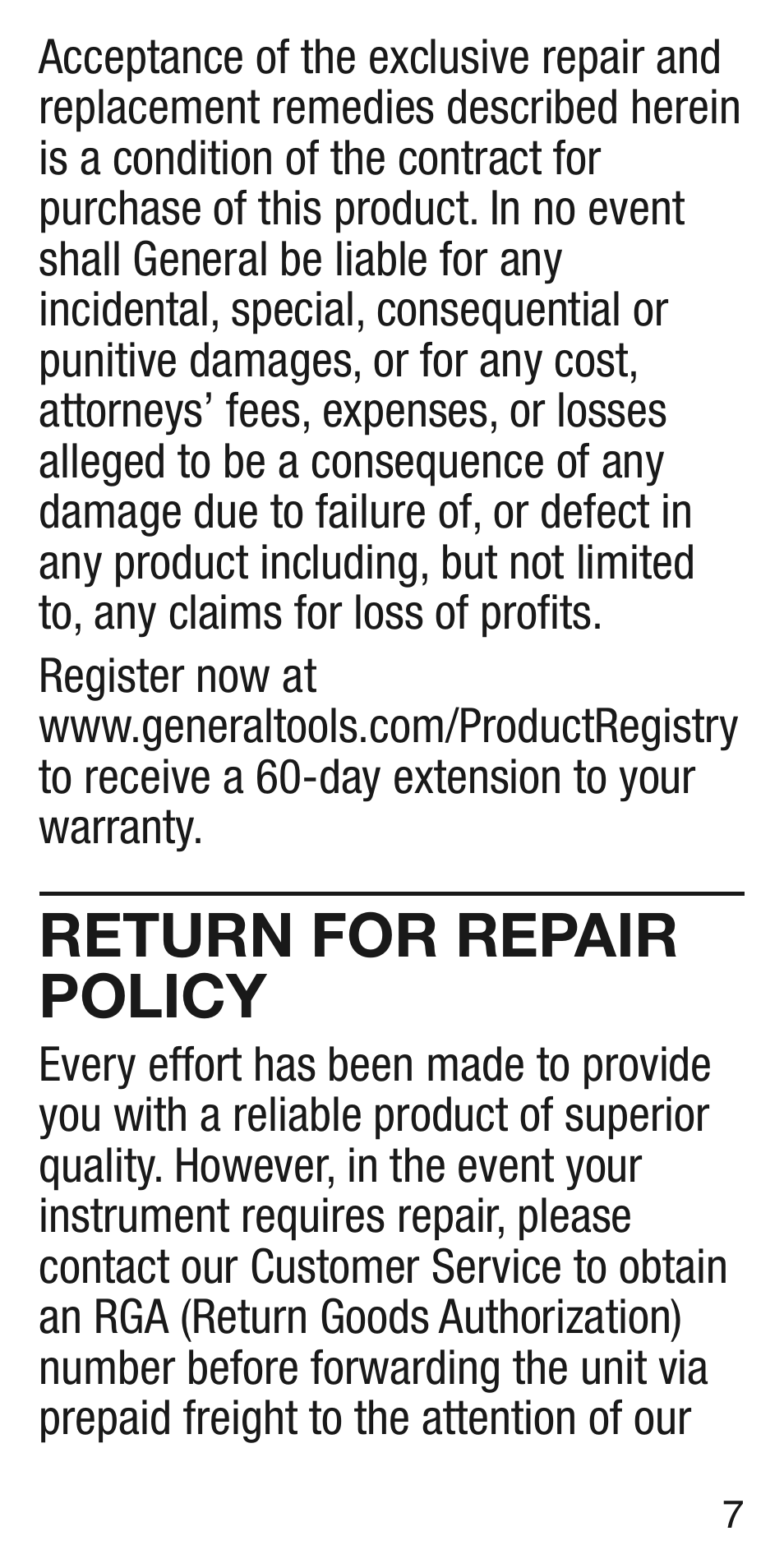 Return for repair policy | General Tools and Instruments CT101 User Manual | Page 7 / 8