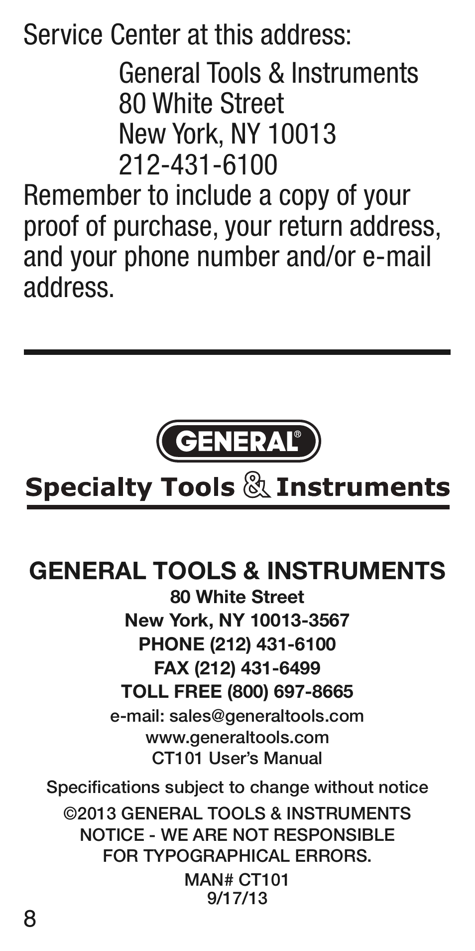 General tools & instruments | General Tools and Instruments CT101 User Manual | Page 8 / 8