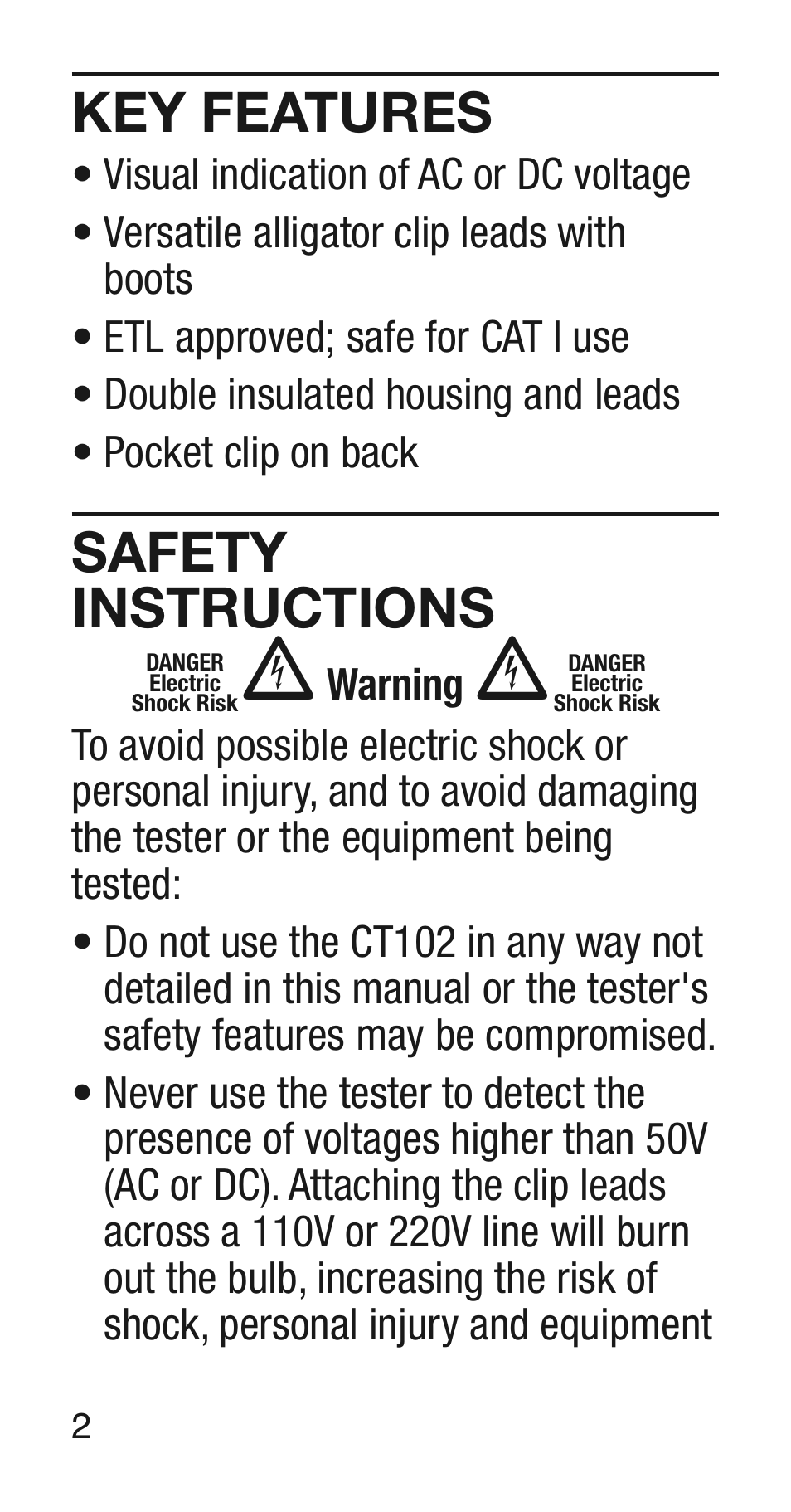 Key features, Safety instructions | General Tools and Instruments CT102 User Manual | Page 2 / 8