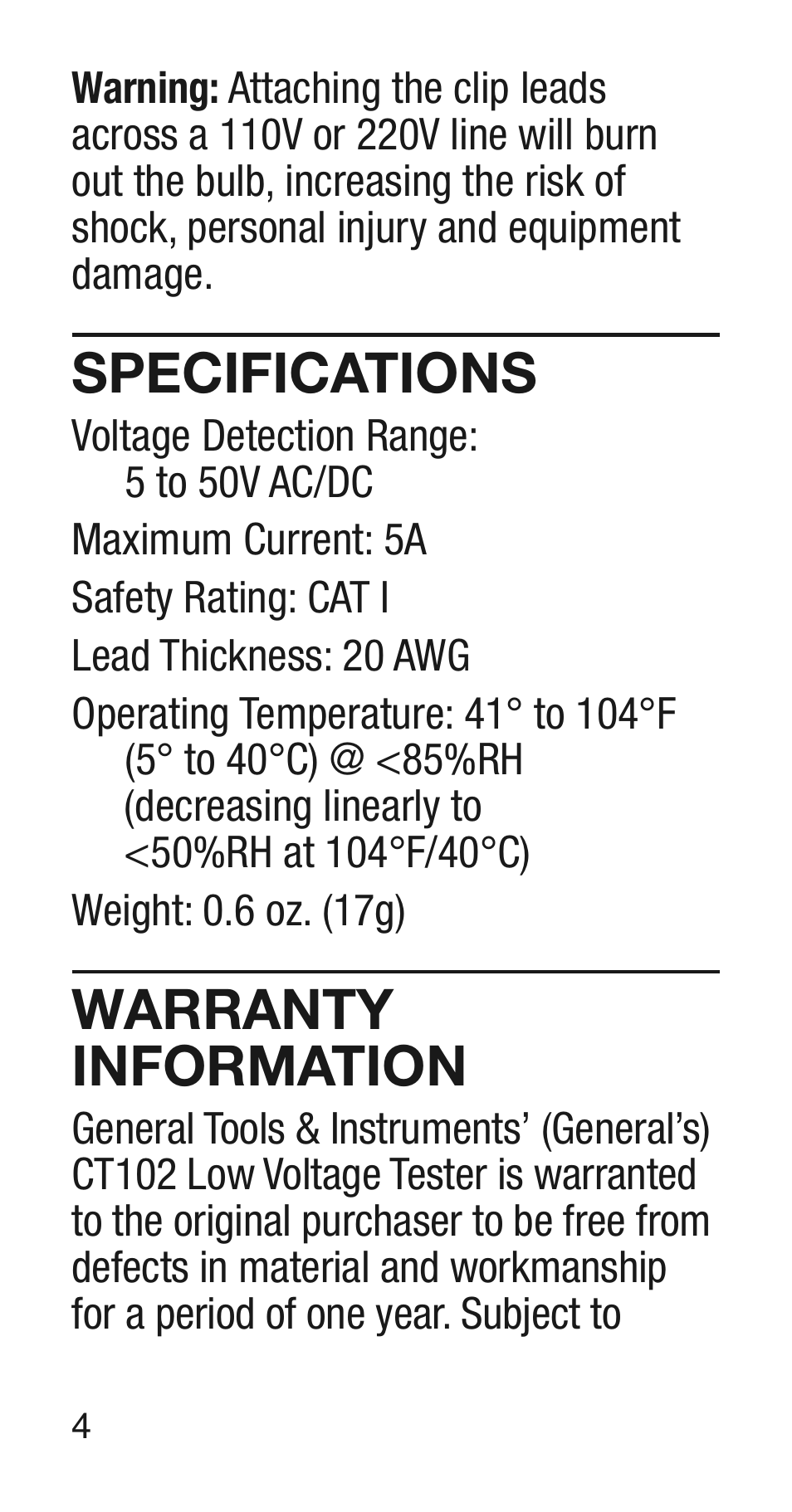 Specifications, Warranty information | General Tools and Instruments CT102 User Manual | Page 4 / 8