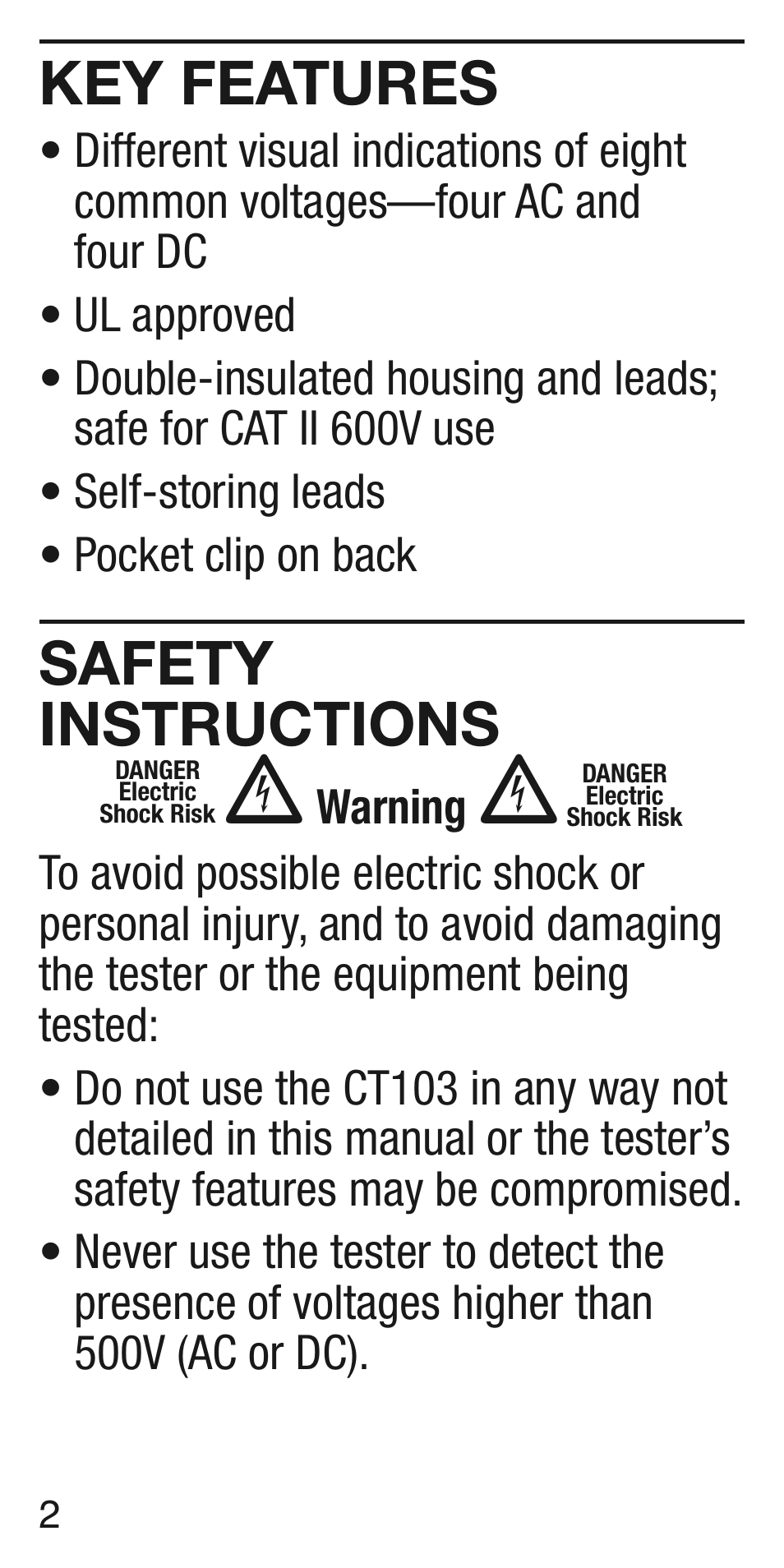 Key features, Safety instructions | General Tools and Instruments CT103 User Manual | Page 2 / 8