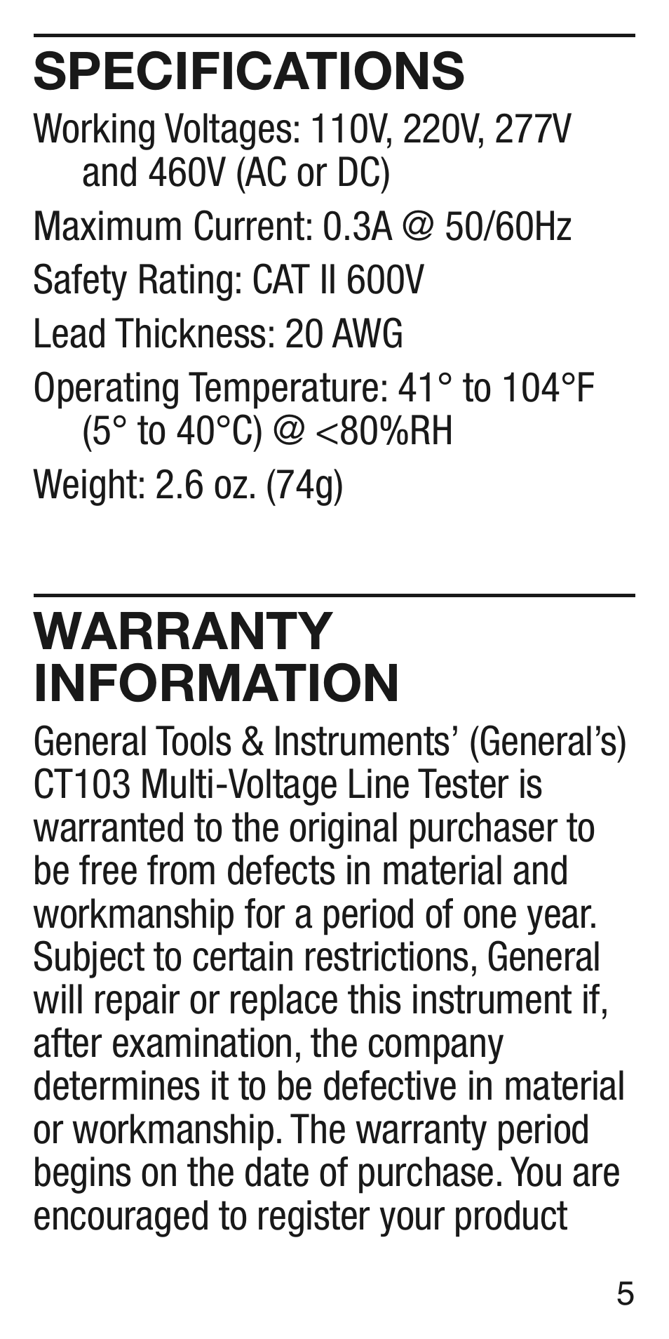 Specifications, Warranty information | General Tools and Instruments CT103 User Manual | Page 5 / 8