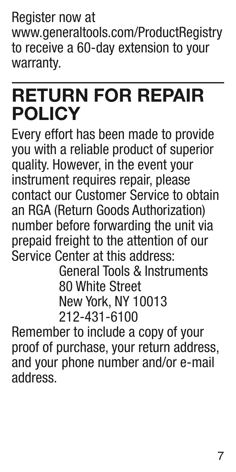 Return for repair policy | General Tools and Instruments CT103 User Manual | Page 7 / 8