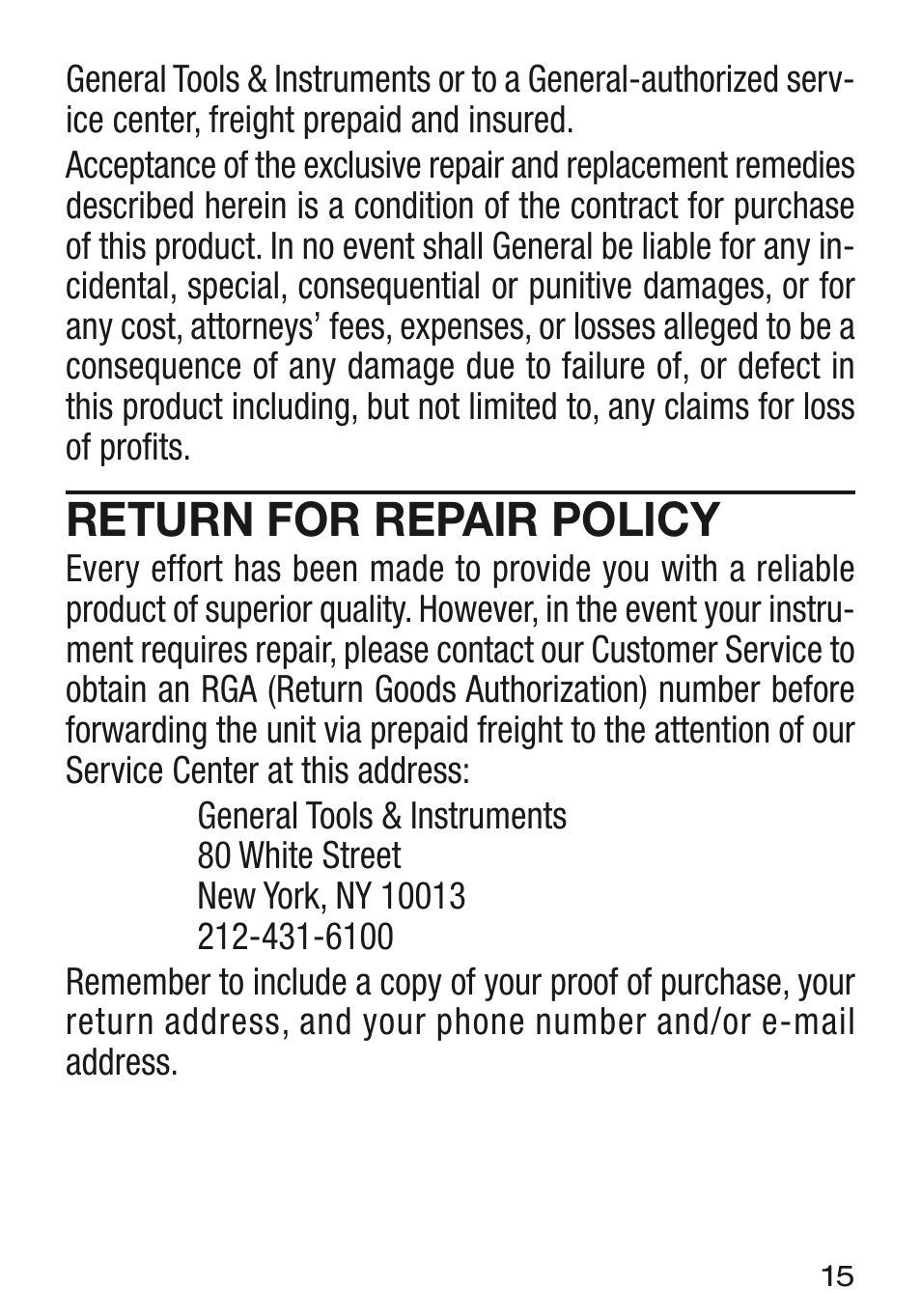 Return for repair policy | General Tools and Instruments CT6235B User Manual | Page 15 / 16