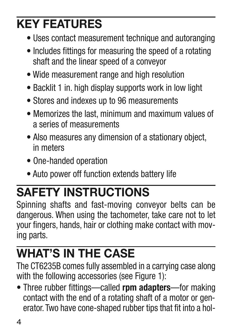 Key features, Safety instructions, What’s in the case | General Tools and Instruments CT6235B User Manual | Page 4 / 16