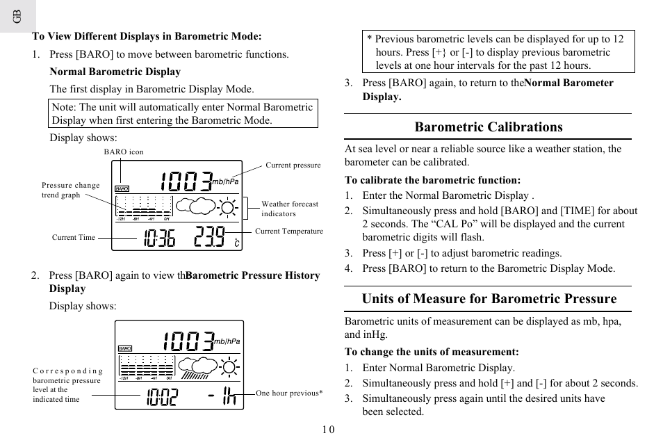 Barometric calibrations, Units of measure for barometric pressure | General Tools and Instruments DA833 User Manual | Page 10 / 16