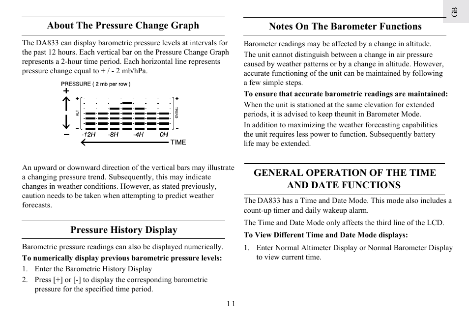 General operation of the time and date functions, Pressure history display, About the pressure change graph | General Tools and Instruments DA833 User Manual | Page 11 / 16
