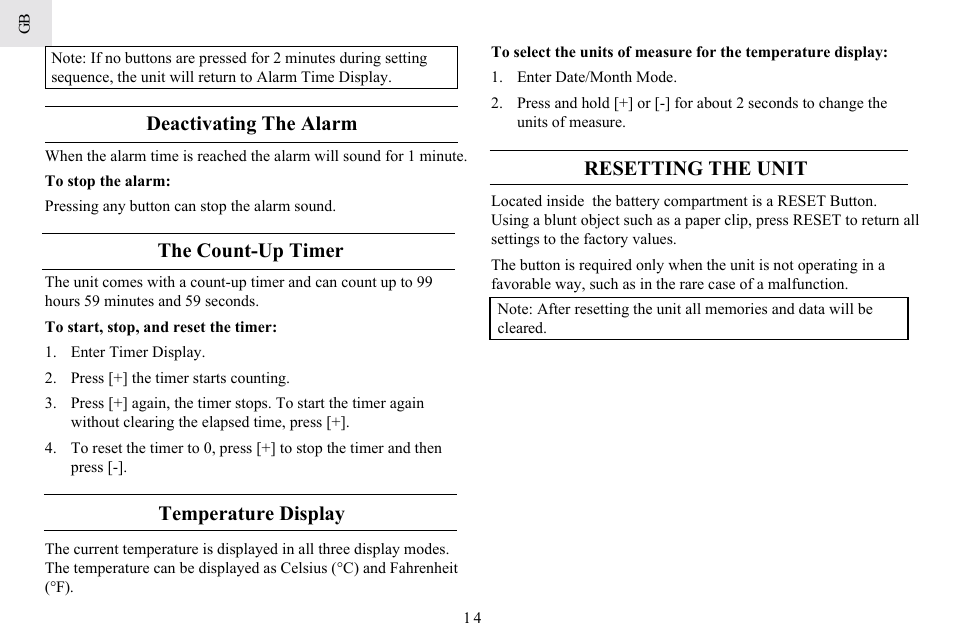 Deactivating the alarm, The count-up timer, Temperature display | Resetting the unit | General Tools and Instruments DA833 User Manual | Page 14 / 16