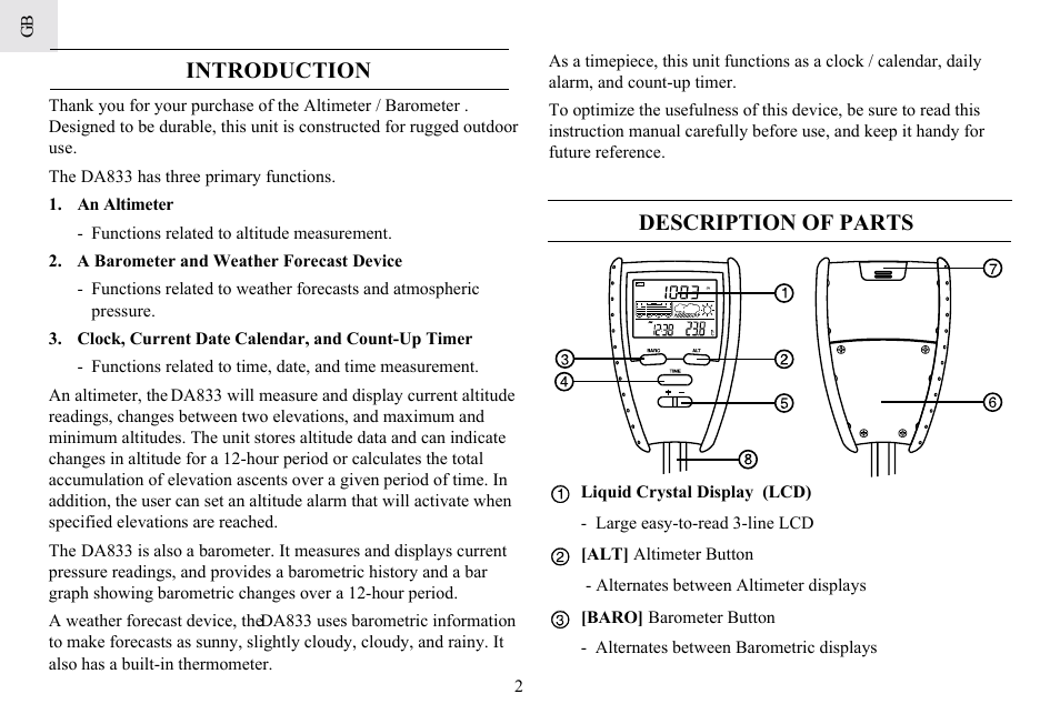 Introduction, Description of parts | General Tools and Instruments DA833 User Manual | Page 2 / 16