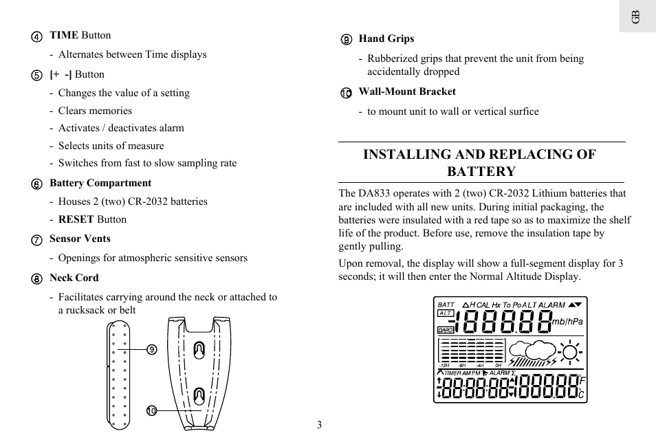 Installing and replacing of battery | General Tools and Instruments DA833 User Manual | Page 3 / 16
