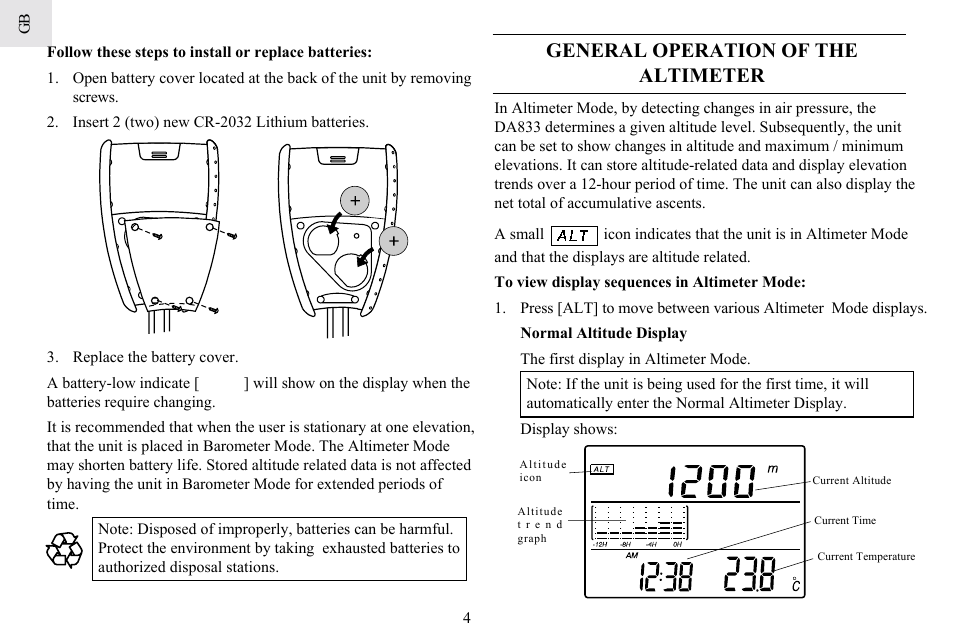 General operation of the altimeter | General Tools and Instruments DA833 User Manual | Page 4 / 16