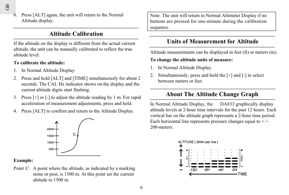 Altitude calibration, Units of measurement for altitude, About the altitude change graph | General Tools and Instruments DA833 User Manual | Page 6 / 16