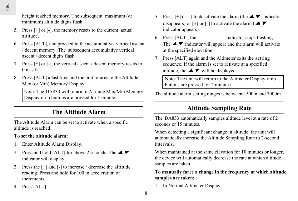 Altitude sampling rate, The altitude alarm | General Tools and Instruments DA833 User Manual | Page 8 / 16