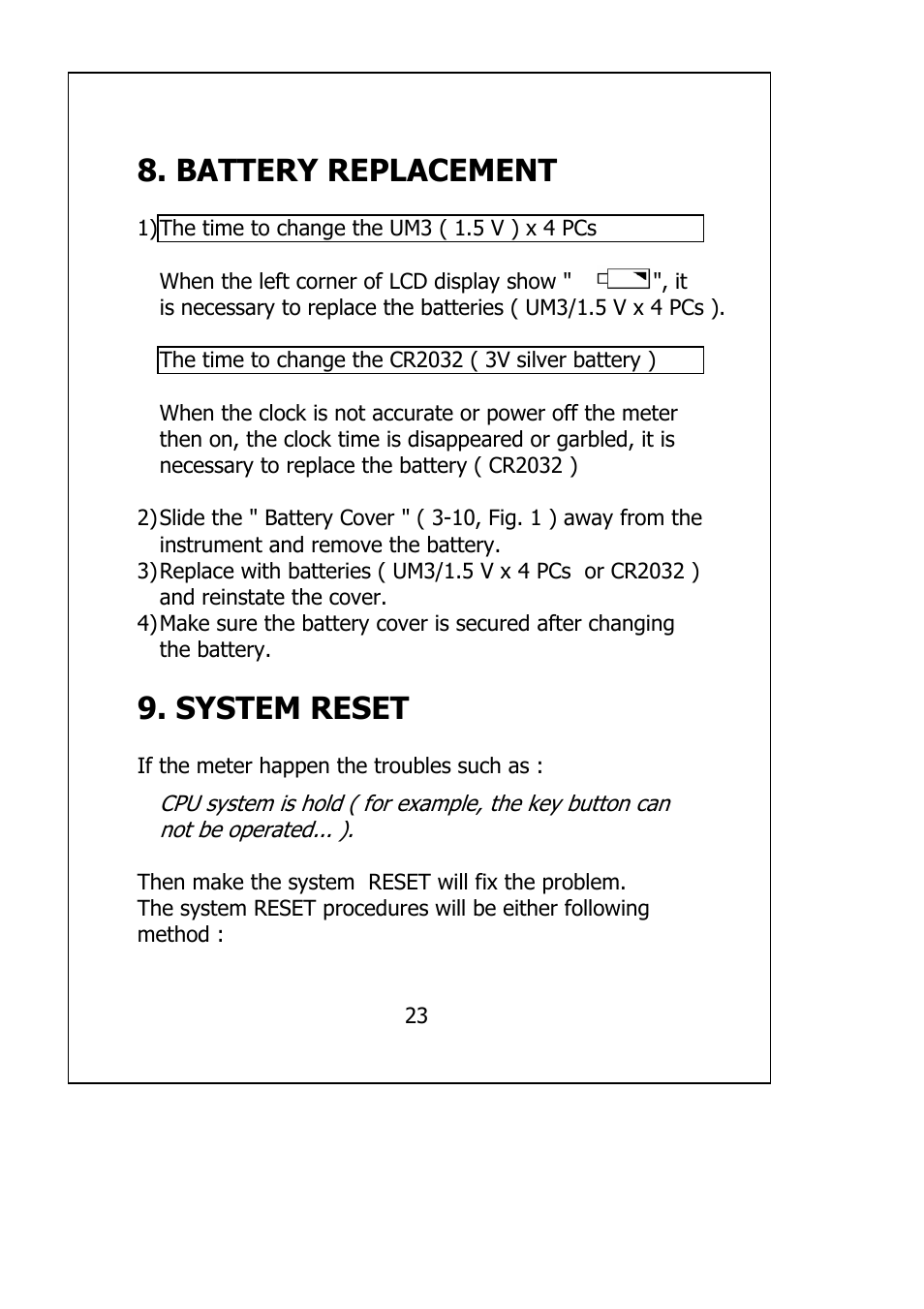 Battery replacement, System reset | General Tools and Instruments DAF2005MDL User Manual | Page 25 / 27