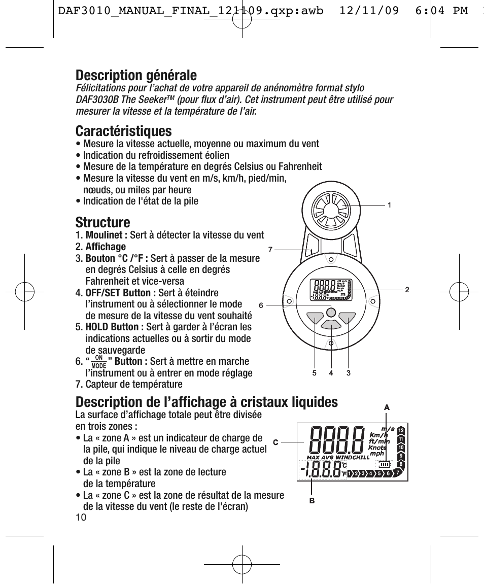 Description générale, Caractéristiques, Structure | Description de l’affichage à cristaux liquides | General Tools and Instruments DAF3010B User Manual | Page 10 / 12