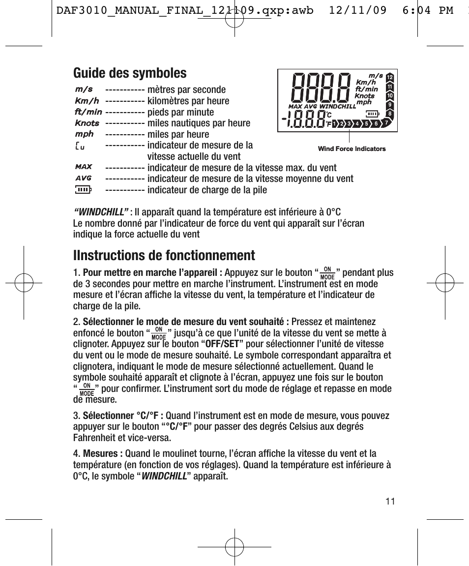Guide des symboles, Iinstructions de fonctionnement | General Tools and Instruments DAF3010B User Manual | Page 11 / 12