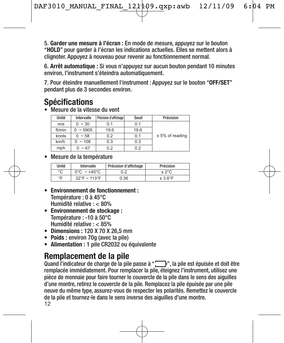 Spécifications, Remplacement de la pile | General Tools and Instruments DAF3010B User Manual | Page 12 / 12