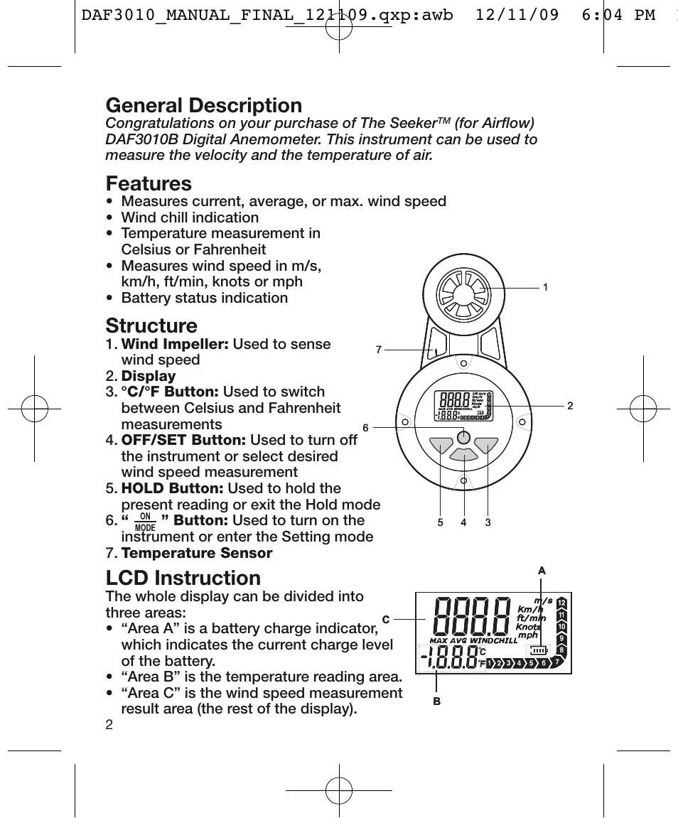 General description, Features, Structure | Lcd instruction | General Tools and Instruments DAF3010B User Manual | Page 2 / 12
