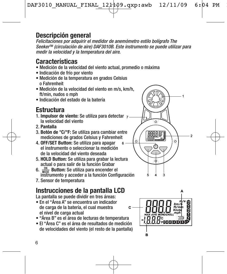 Descripción general, Características, Estructura | Instrucciones de la pantalla lcd | General Tools and Instruments DAF3010B User Manual | Page 6 / 12