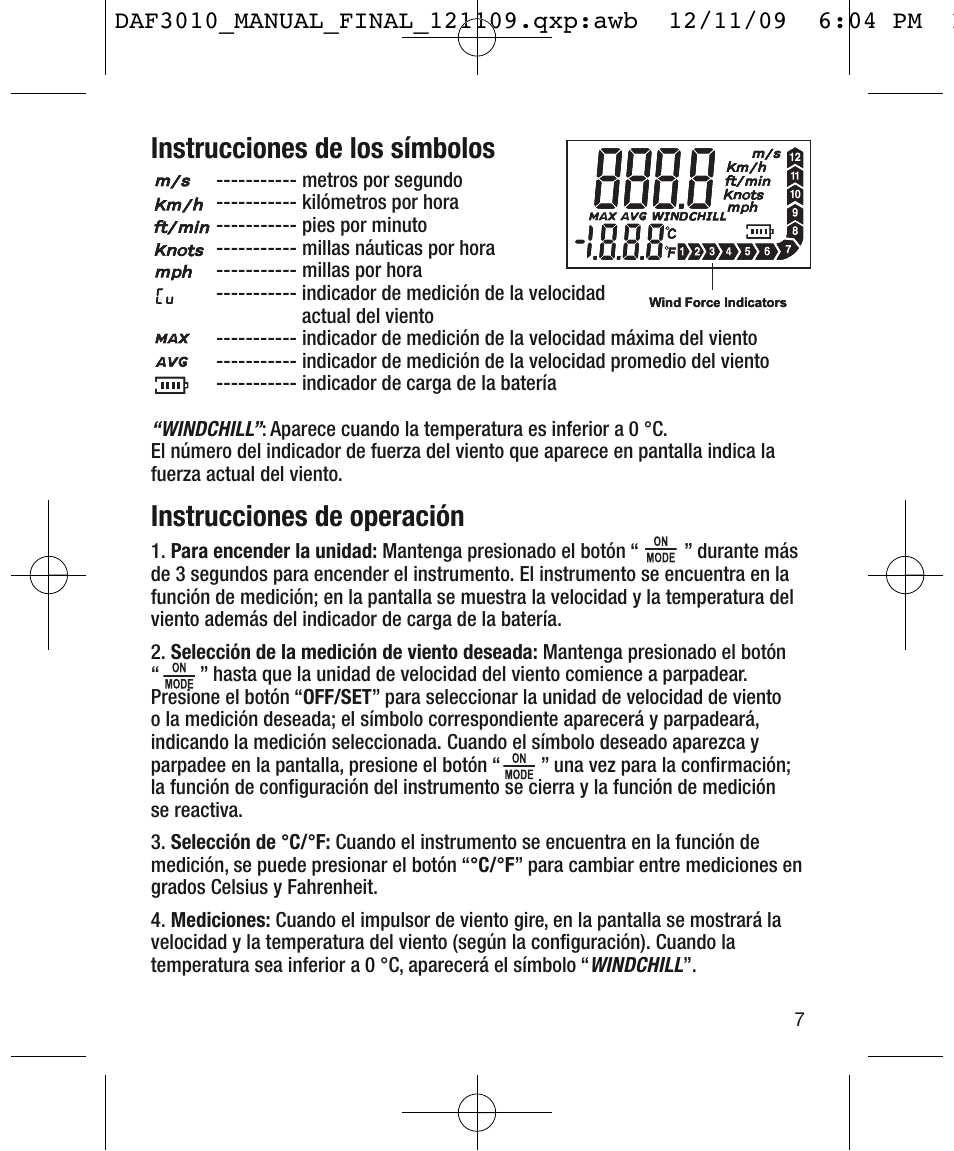 Instrucciones de los símbolos, Instrucciones de operación | General Tools and Instruments DAF3010B User Manual | Page 7 / 12