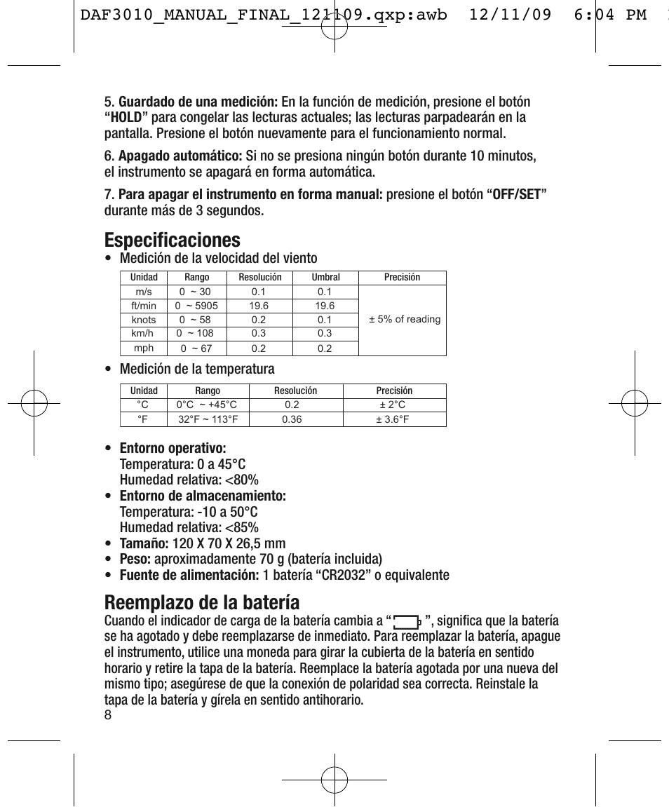 Especificaciones, Reemplazo de la batería | General Tools and Instruments DAF3010B User Manual | Page 8 / 12