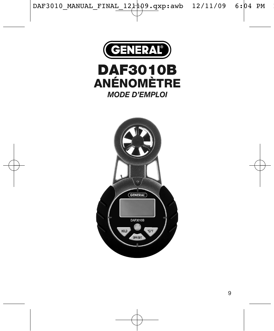 Daf3010b, Anénomètre | General Tools and Instruments DAF3010B User Manual | Page 9 / 12