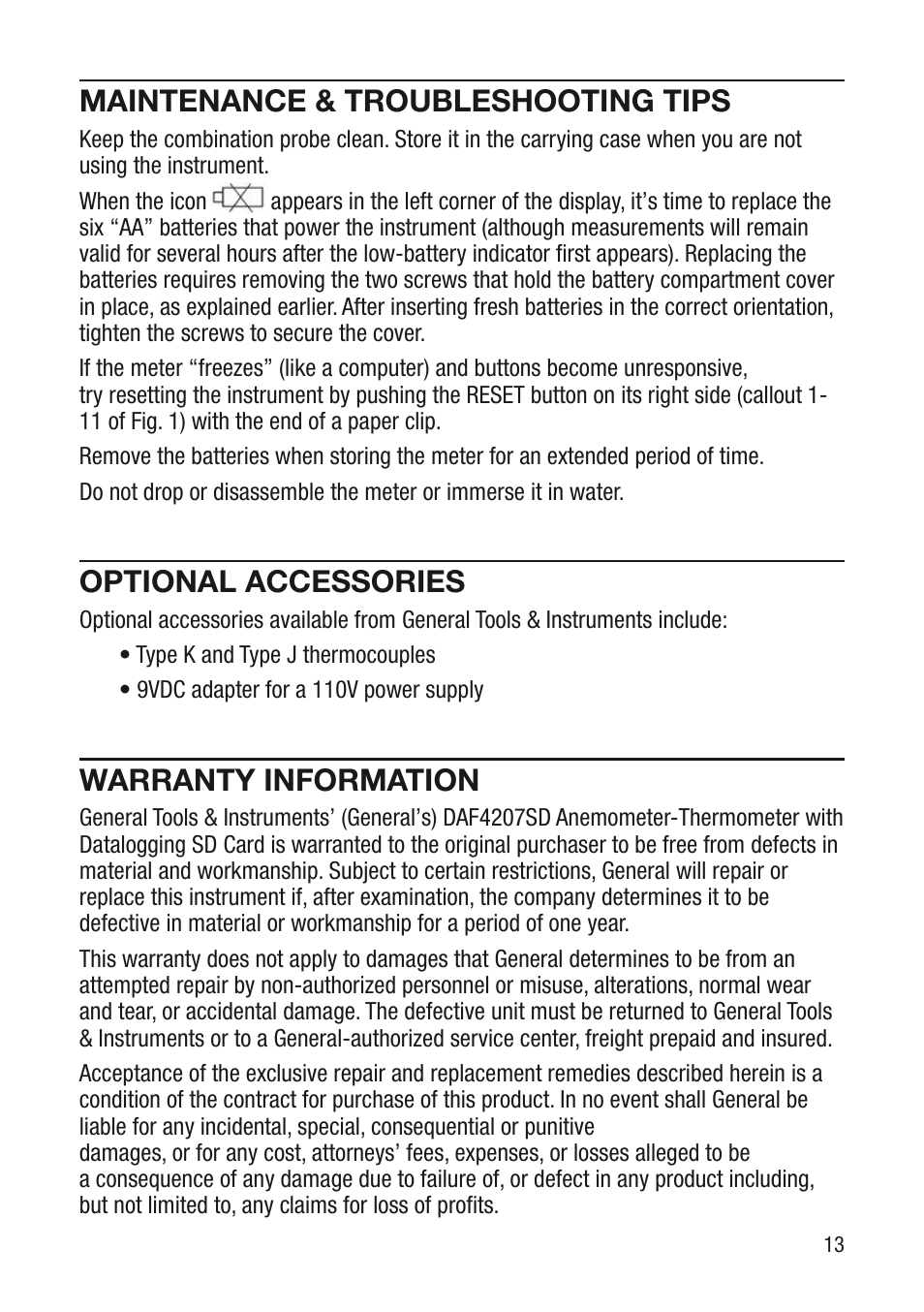 Maintenance & troubleshooting tips, Optional accessories, Warranty information | General Tools and Instruments DAF4207SD User Manual | Page 13 / 16