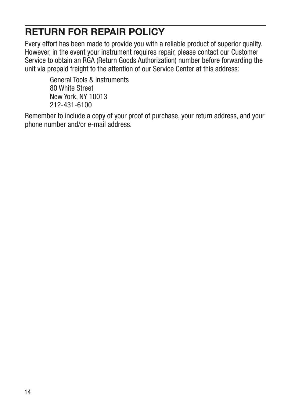 Return for repair policy | General Tools and Instruments DAF4207SD User Manual | Page 14 / 16