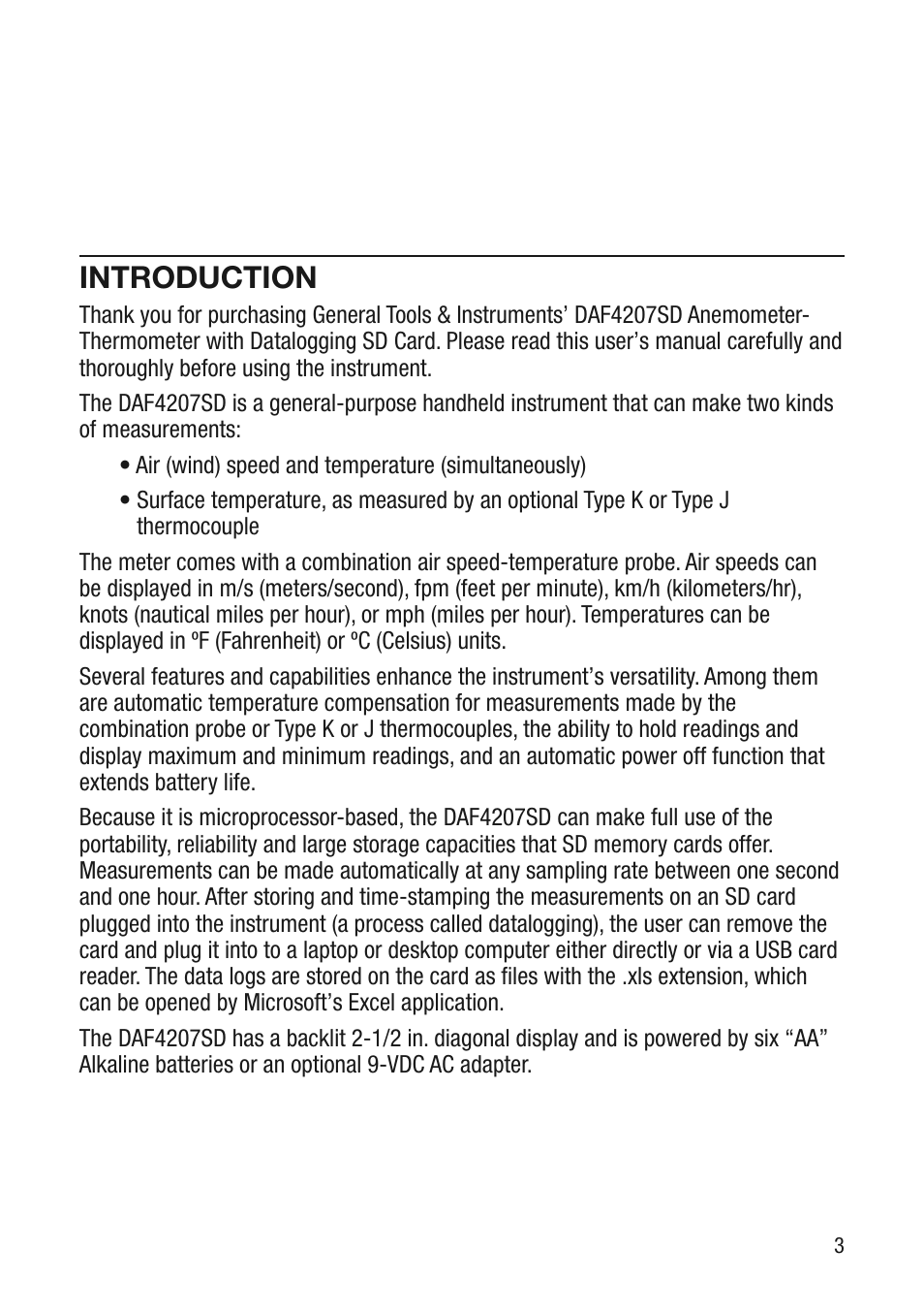 Introduction | General Tools and Instruments DAF4207SD User Manual | Page 3 / 16