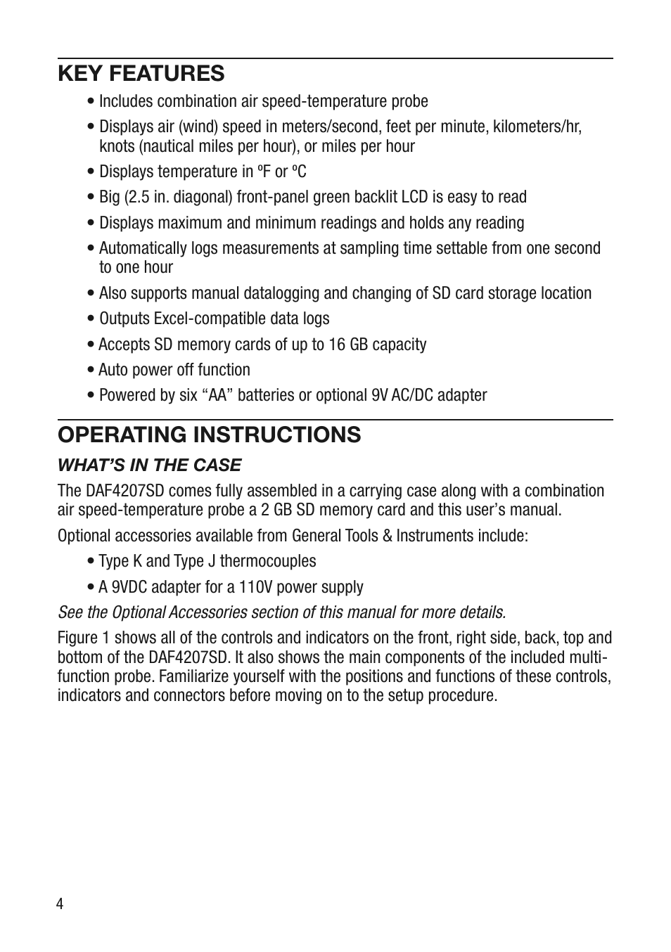 Key features, Operating instructions | General Tools and Instruments DAF4207SD User Manual | Page 4 / 16