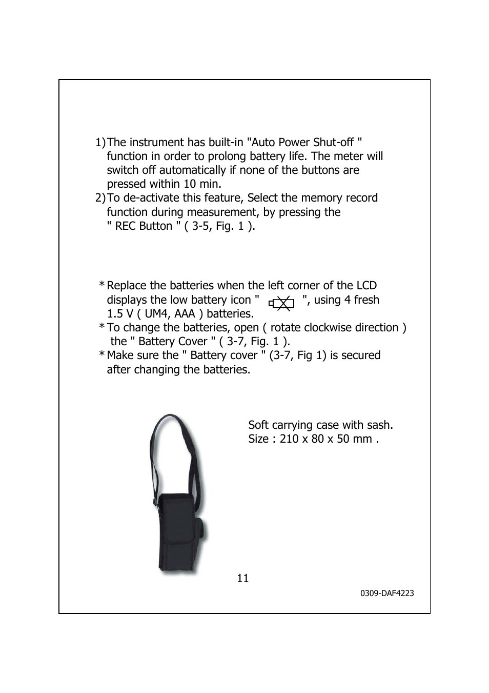 Battery replacement, Optional carrying case | General Tools and Instruments DAF4223 User Manual | Page 13 / 13