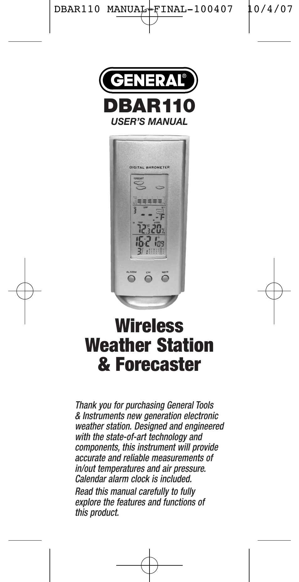 General Tools and Instruments DBAR110 User Manual | 16 pages