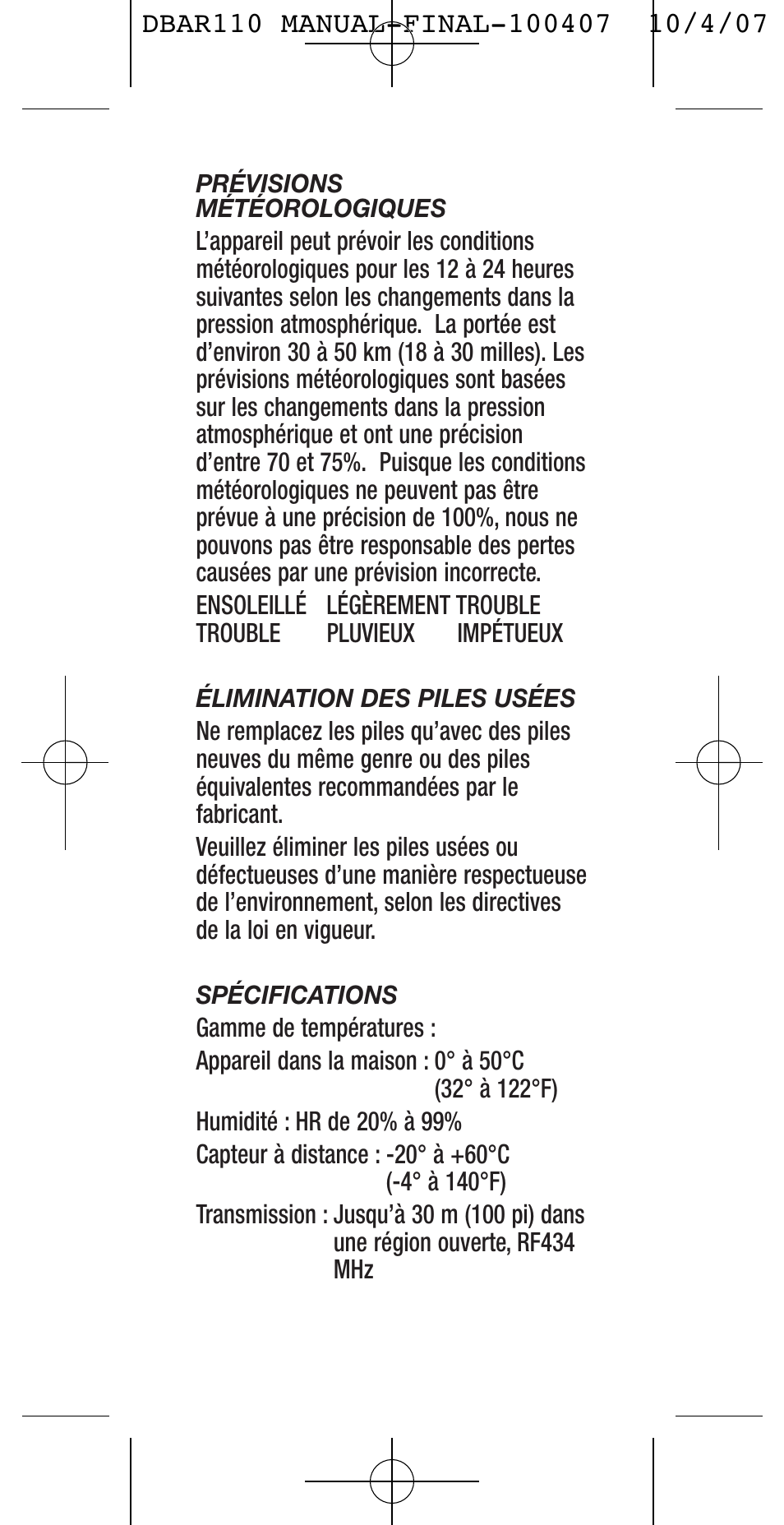 General Tools and Instruments DBAR110 User Manual | Page 10 / 16