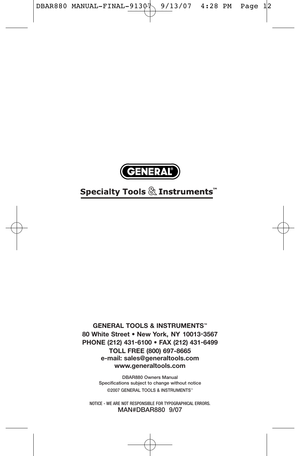 General Tools and Instruments DBAR880 User Manual | Page 12 / 12